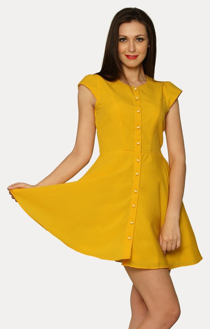 MISS CHASE | Women's Yellow Crepe SolidCasualwear Shirt Dress