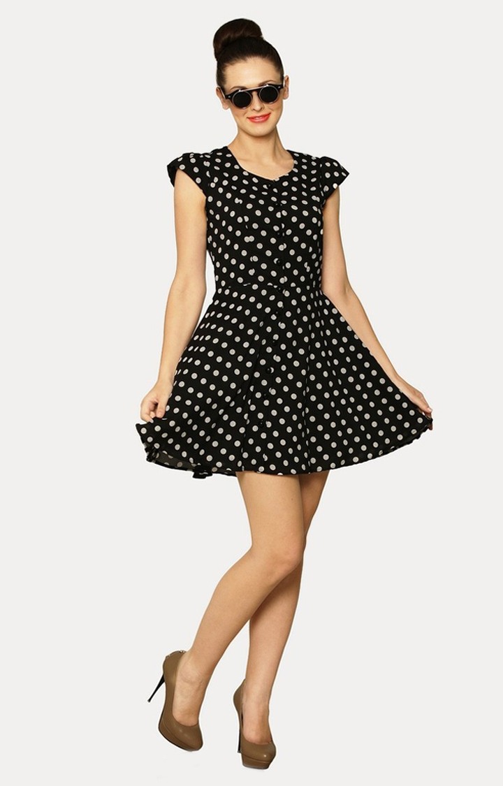 Women's Black Crepe Polka DotsCasualwear Skater Dress