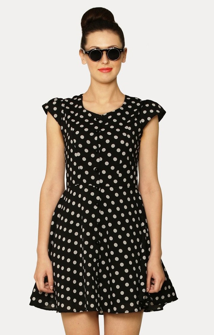MISS CHASE | Women's Black Crepe Polka DotsCasualwear Skater Dress