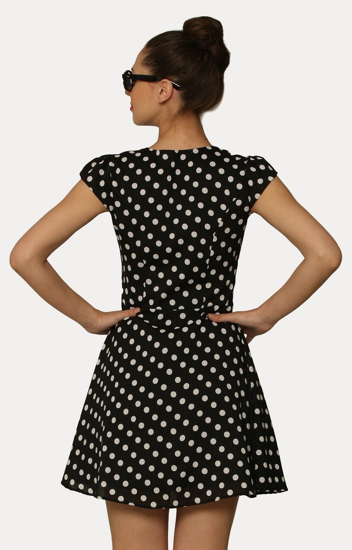 Women's Black Crepe Polka DotsCasualwear Skater Dress