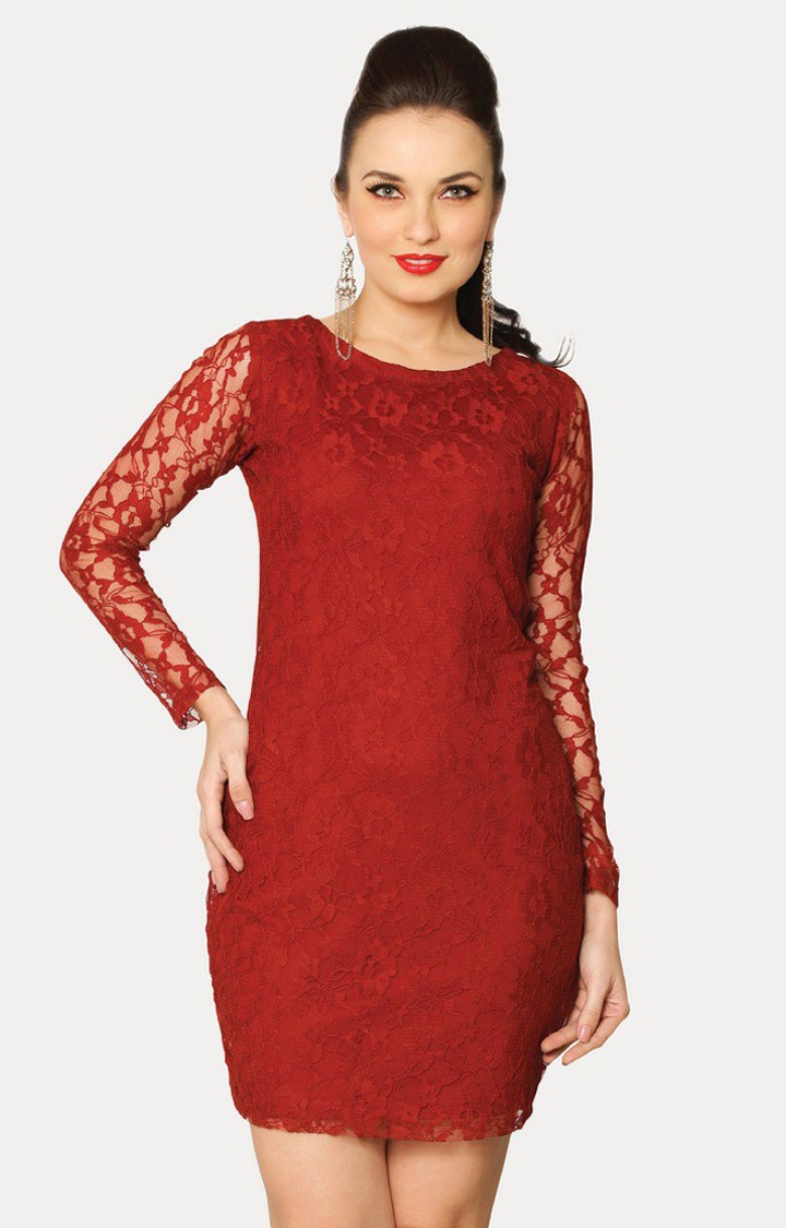 MISS CHASE | Women's Red Viscose SolidEveningwear Bodycon Dress