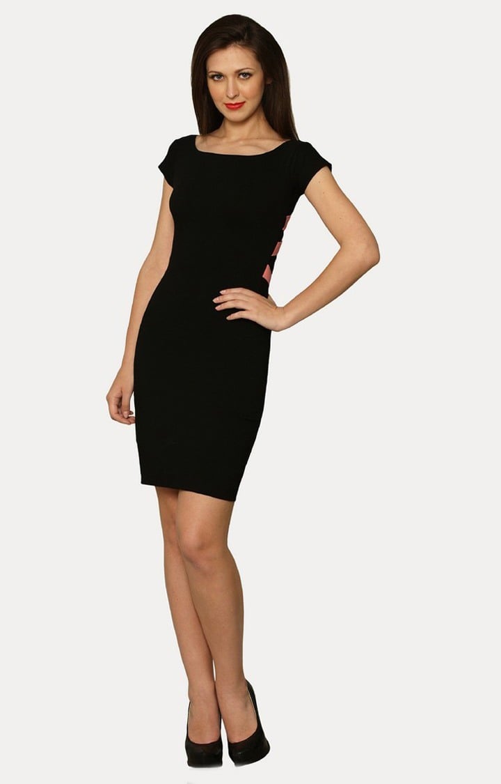 Women's Black Polyester SolidEveningwear Sheath Dress