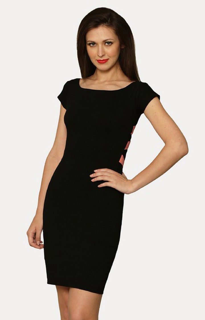 MISS CHASE | Women's Black Polyester SolidEveningwear Sheath Dress