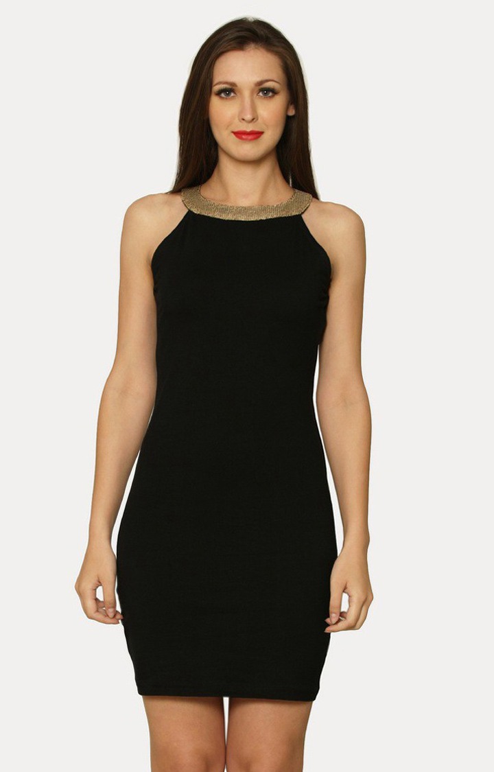 MISS CHASE | Women's Black Viscose SolidEveningwear Bodycon Dress