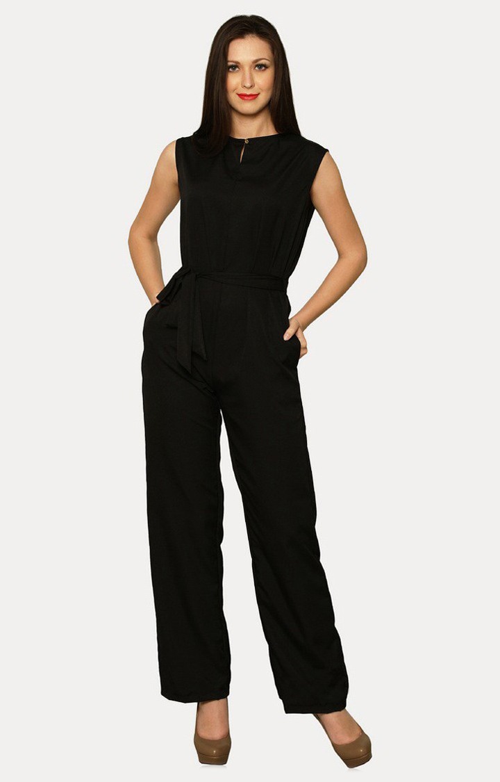 MISS CHASE | Women's Black Crepe SolidCasualwear Jumpsuits