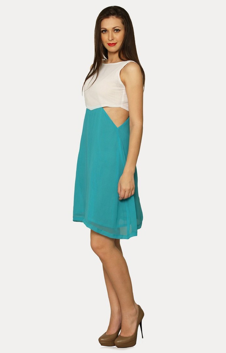 Women's Blue Cotton ColourblockCasualwear Skater Dress