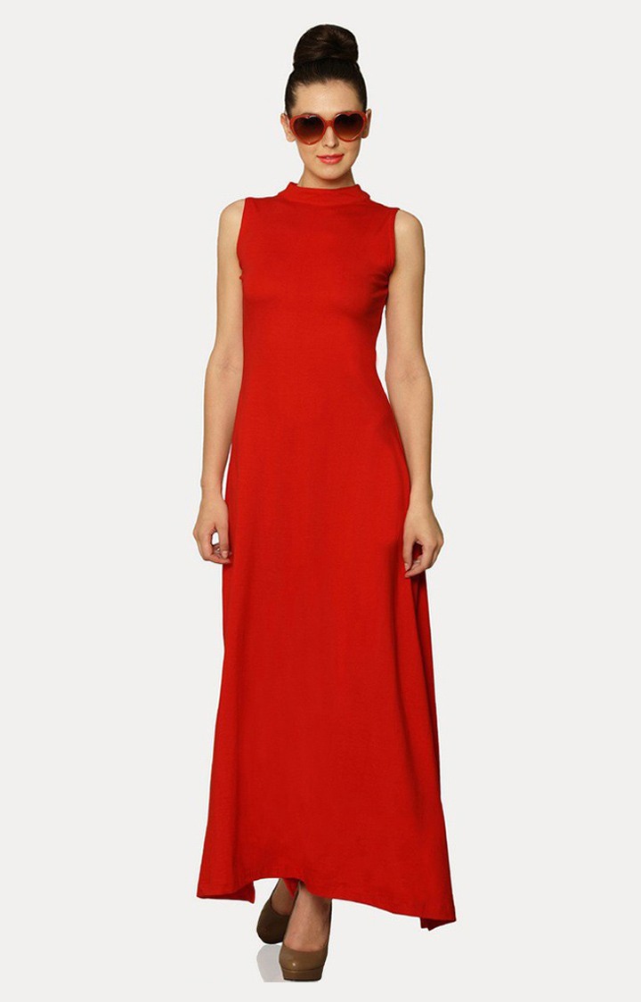 MISS CHASE | Women's Orange Viscose SolidEveningwear Maxi Dress