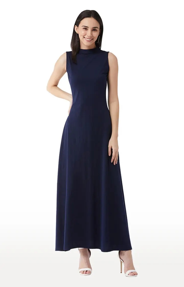 MISS CHASE | Women's Blue Cotton SolidEveningwear Gowns