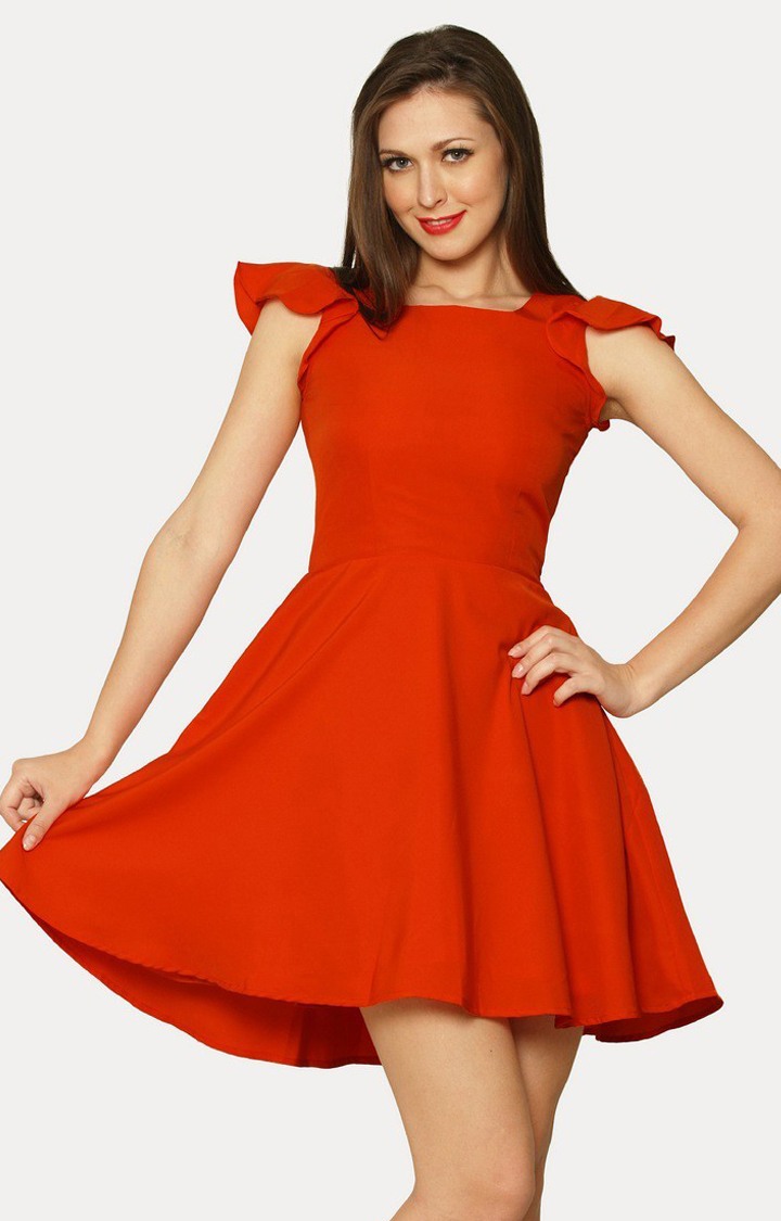 MISS CHASE | Women's Orange Crepe SolidEveningwear Skater Dress