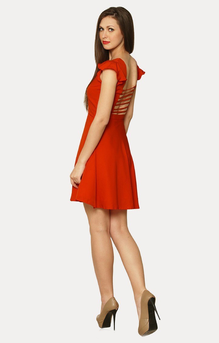 Women's Orange Crepe SolidEveningwear Skater Dress