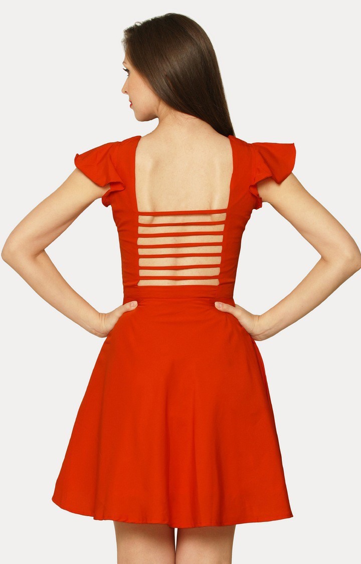 Women's Orange Crepe SolidEveningwear Skater Dress