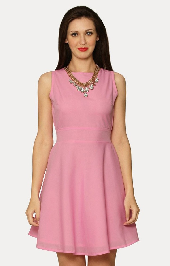 MISS CHASE | Women's Pink Crepe SolidCasualwear Skater Dress