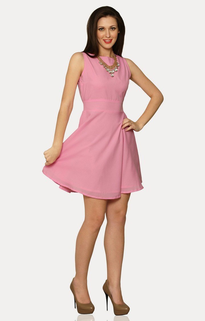 Women's Pink Crepe SolidCasualwear Skater Dress