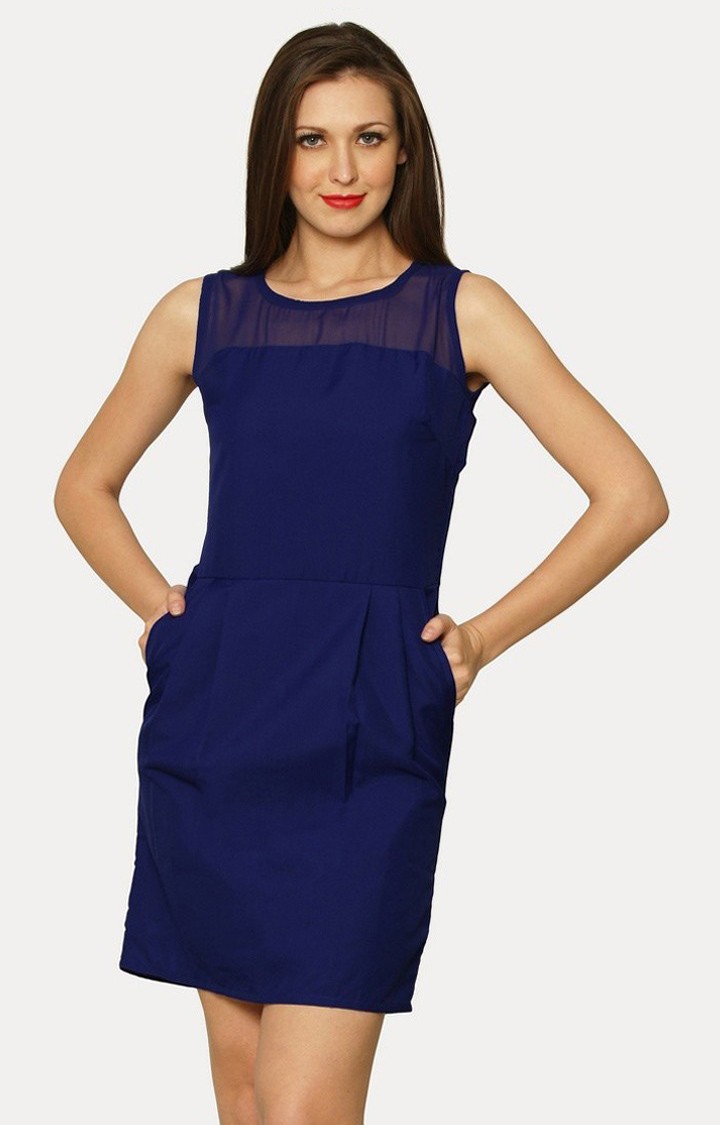 MISS CHASE | Women's Blue Crepe SolidCasualwear Sheath Dress