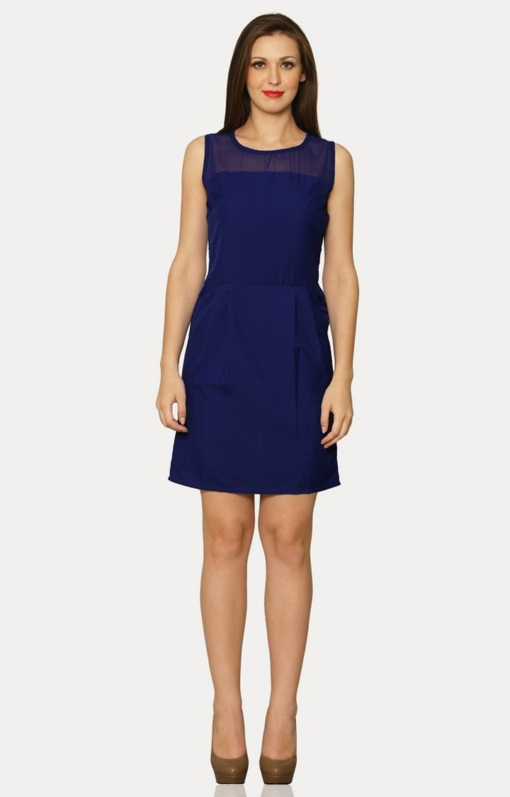 Women's Blue Crepe SolidCasualwear Sheath Dress