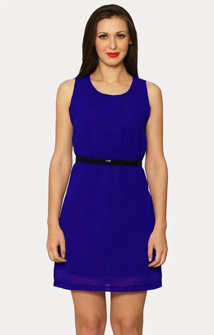 MISS CHASE | Women's Blue Cotton SolidEveningwear Fit & Flare Dress