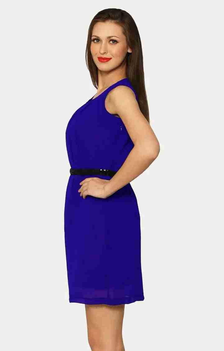 Women's Blue Cotton SolidEveningwear Fit & Flare Dress