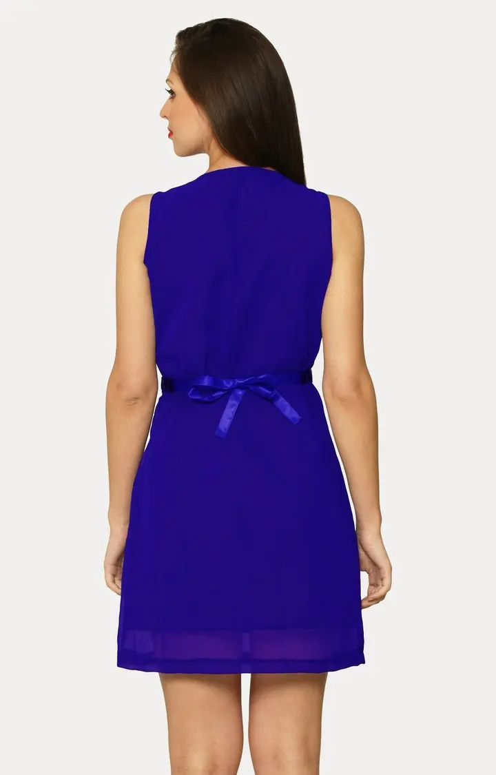 Women's Blue Cotton SolidEveningwear Fit & Flare Dress