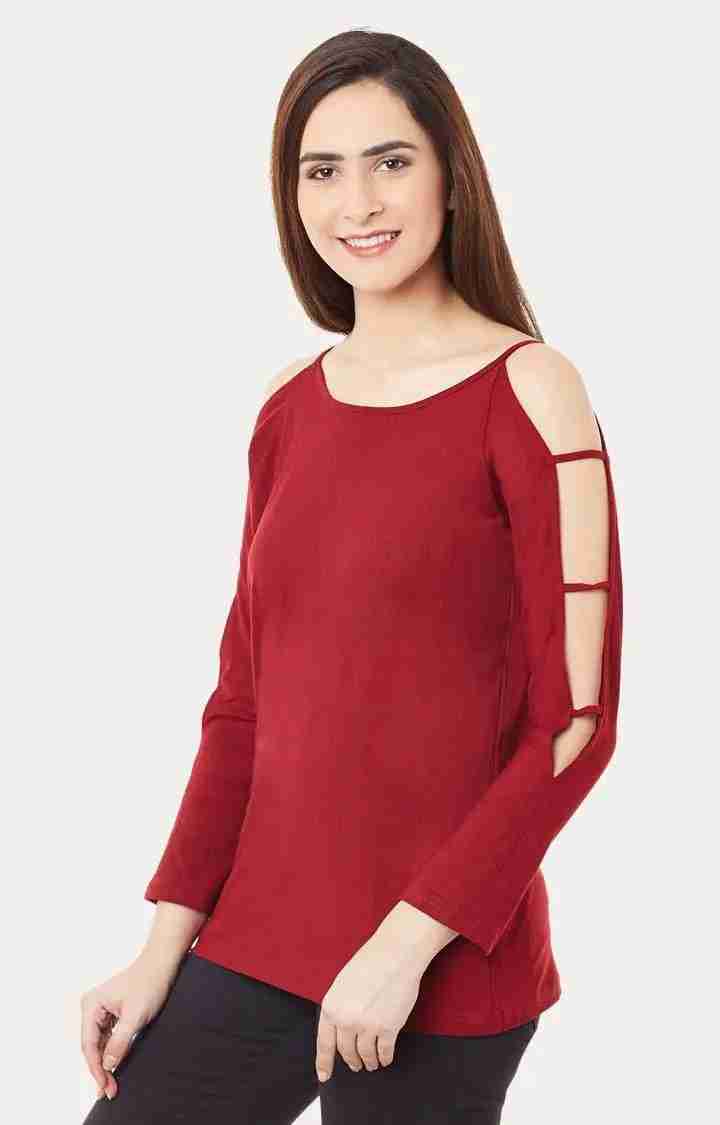 Women's Red Viscose SolidCasualwear Tops