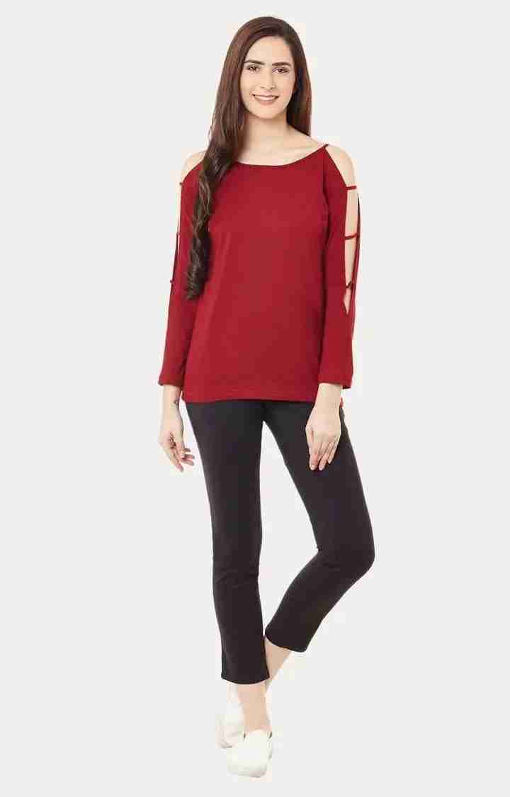 Women's Red Viscose SolidCasualwear Tops