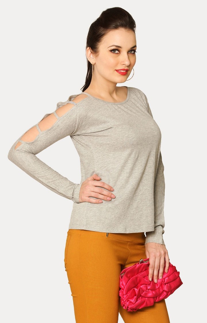 MISS CHASE | Women's Grey Viscose MelangeCasualwear Regular T-Shirts