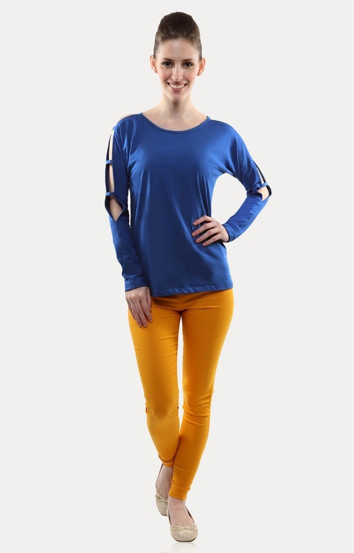 Women's Blue Viscose SolidCasualwear Regular T-Shirts