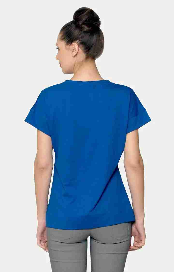 Women's Blue Crepe SolidCasualwear Regular T-Shirts