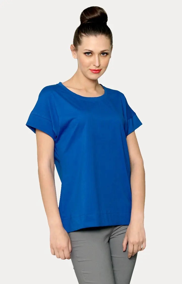 Women's Blue Crepe SolidCasualwear Regular T-Shirts