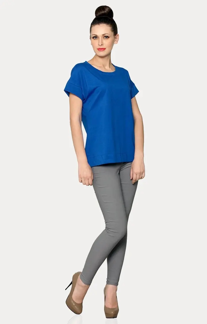 Women's Blue Crepe SolidCasualwear Regular T-Shirts