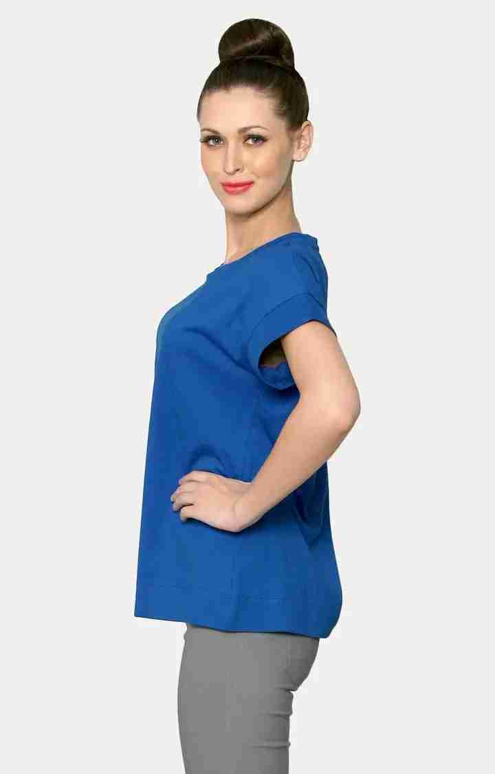 Women's Blue Crepe SolidCasualwear Regular T-Shirts