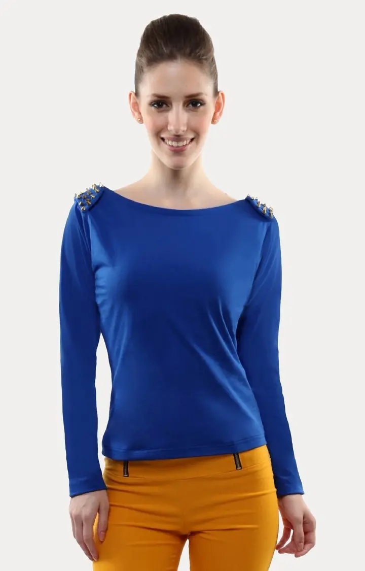 MISS CHASE | Women's Blue Viscose SolidCasualwear Regular T-Shirts