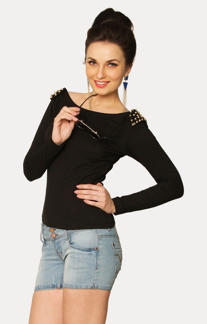 Women's Black Viscose SolidCasualwear Tops