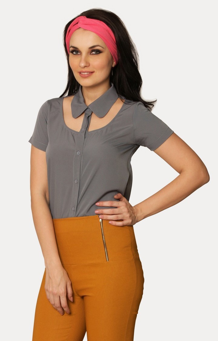 Women's Grey Crepe SolidCasualwear Regular T-Shirts