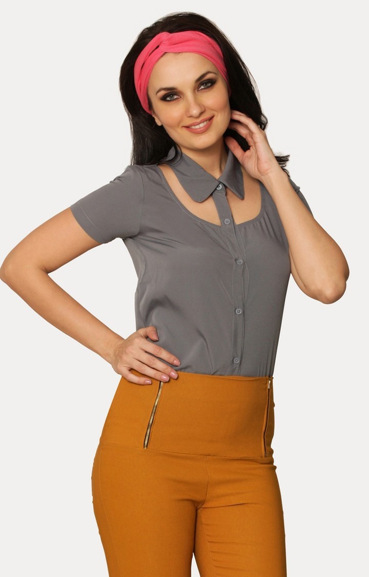 MISS CHASE | Women's Grey Crepe SolidCasualwear Regular T-Shirts
