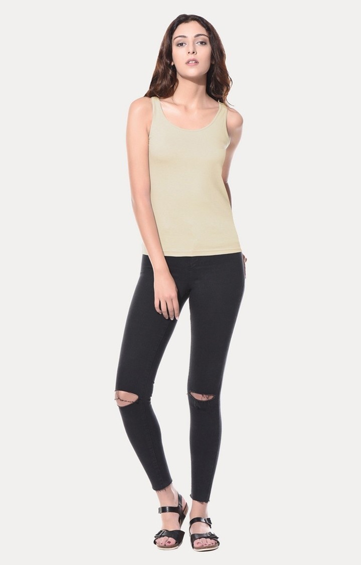 Women's Beige Viscose SolidCasualwear Tank Top