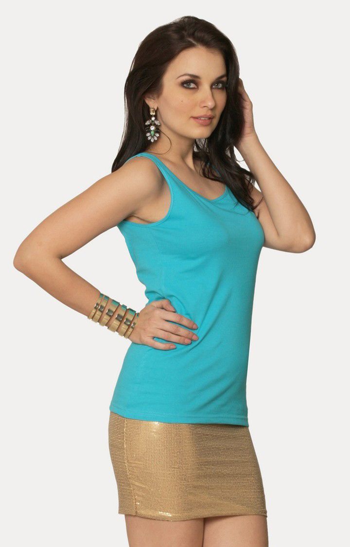 Women's Blue Viscose SolidEveningwear Tank Top