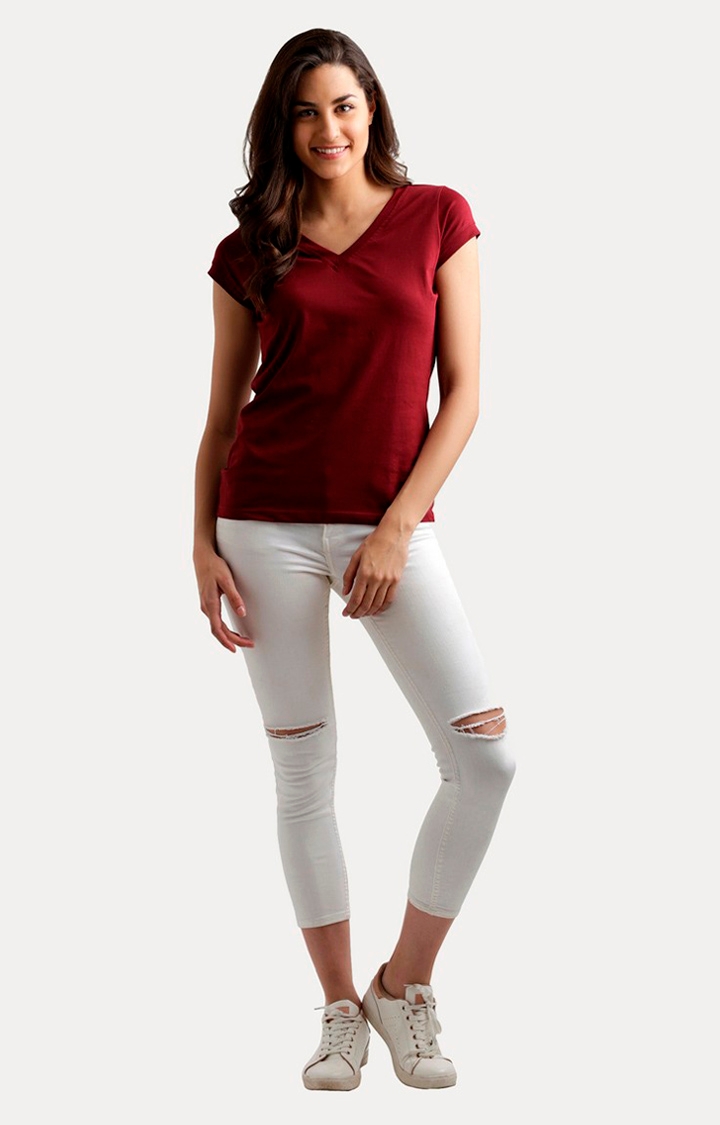 Women's Red Cotton SolidCasualwear Regular T-Shirts