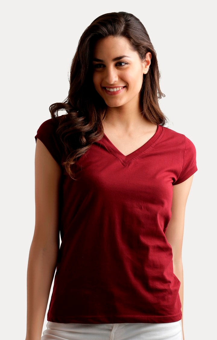 MISS CHASE | Women's Red Cotton SolidCasualwear Regular T-Shirts