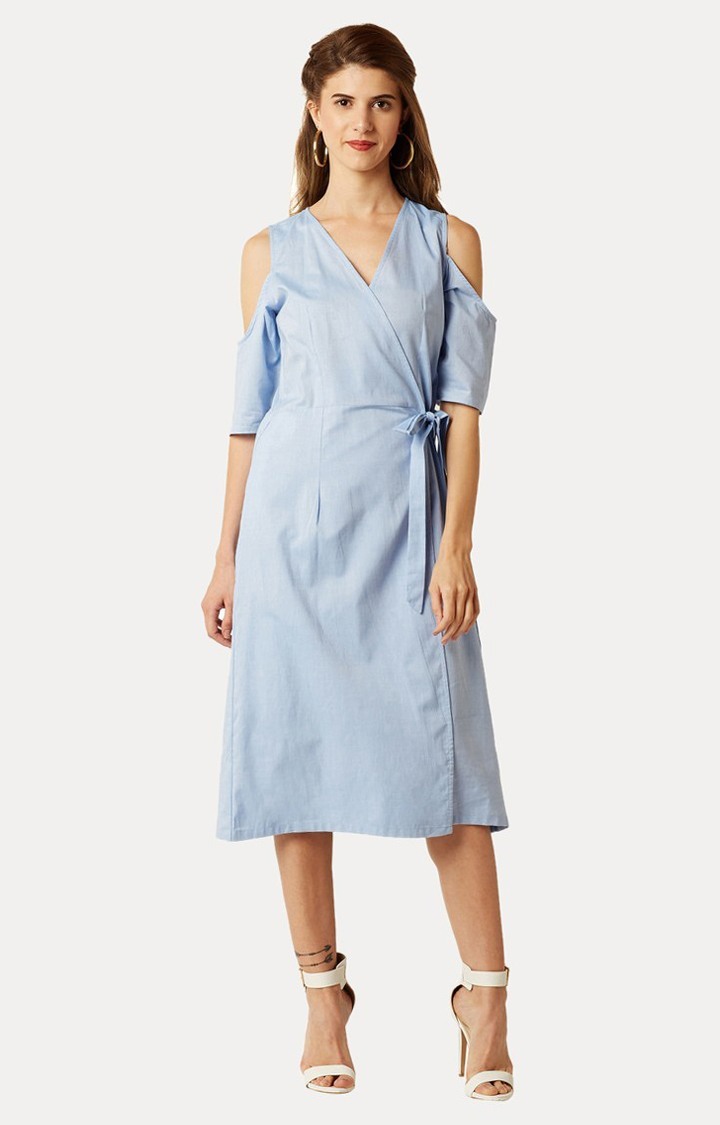 MISS CHASE | Women's Blue Cotton SolidCasualwear Skater Dress