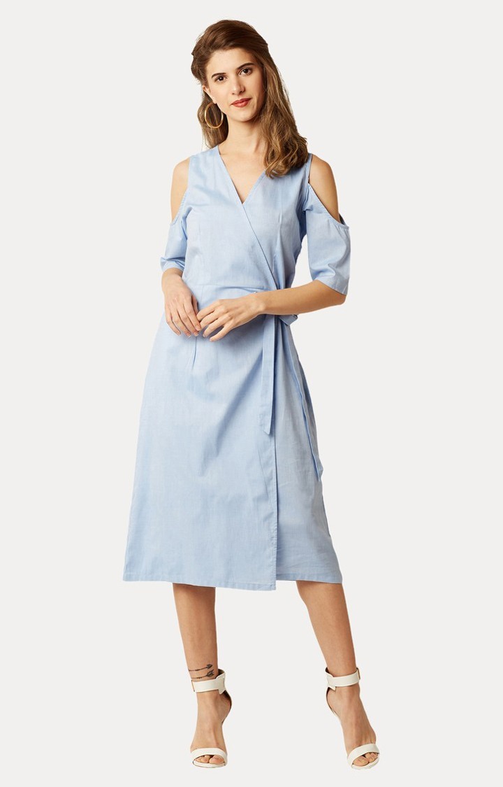 Women's Blue Cotton SolidCasualwear Skater Dress