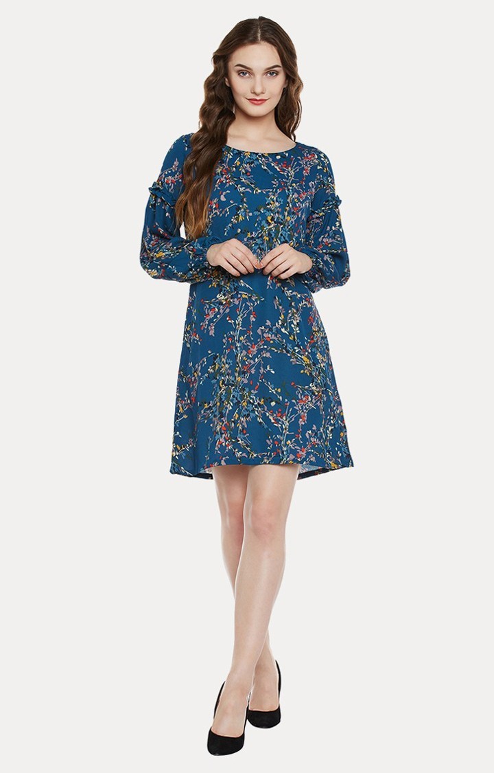 Women's Blue Polyester FloralCasualwear Shift Dress