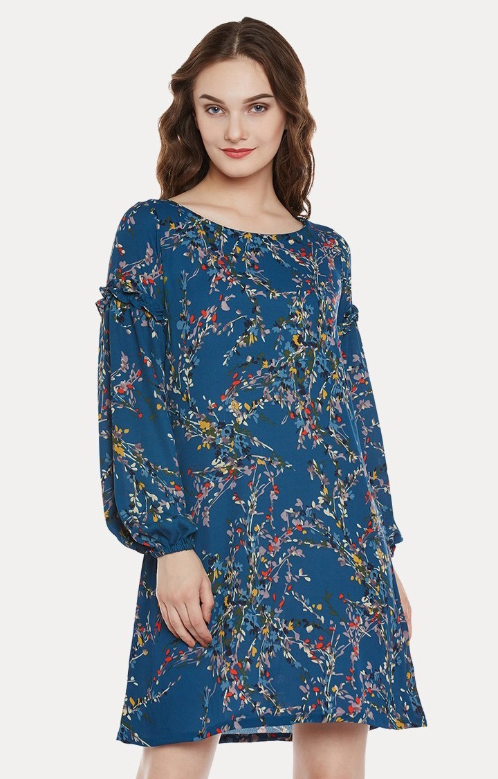 MISS CHASE | Women's Blue Polyester FloralCasualwear Shift Dress