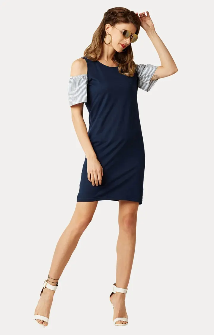 Women's Blue Cotton SolidCasualwear Shift Dress