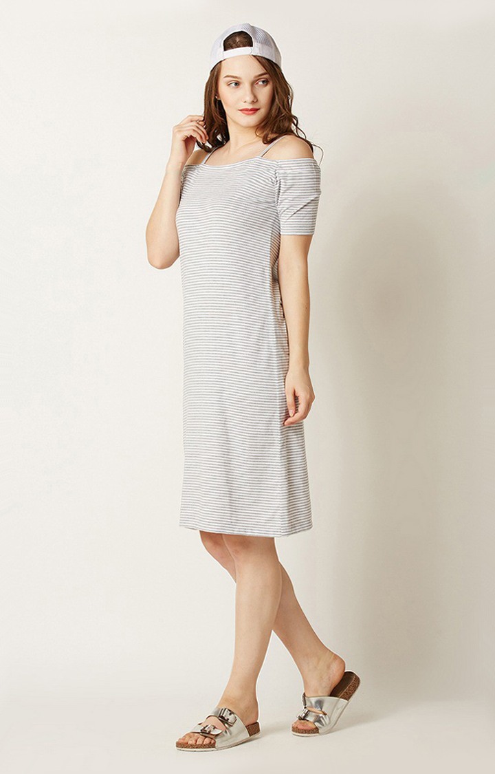 Women's Grey Cotton StripedCasualwear Shift Dress