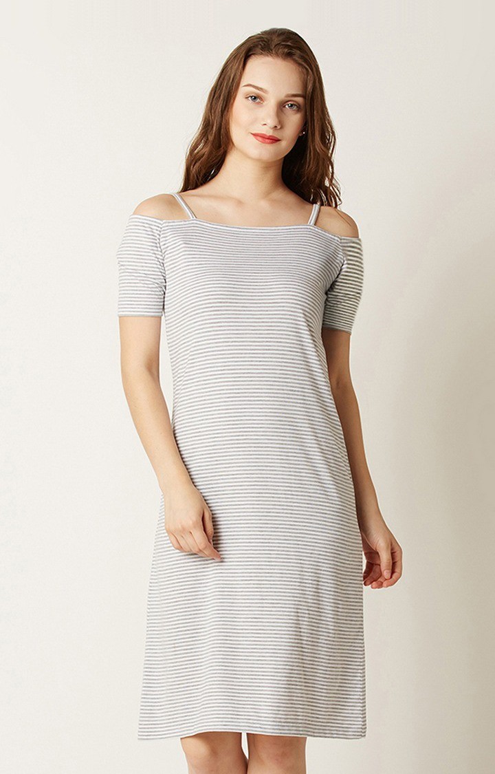 MISS CHASE | Women's Grey Cotton StripedCasualwear Shift Dress