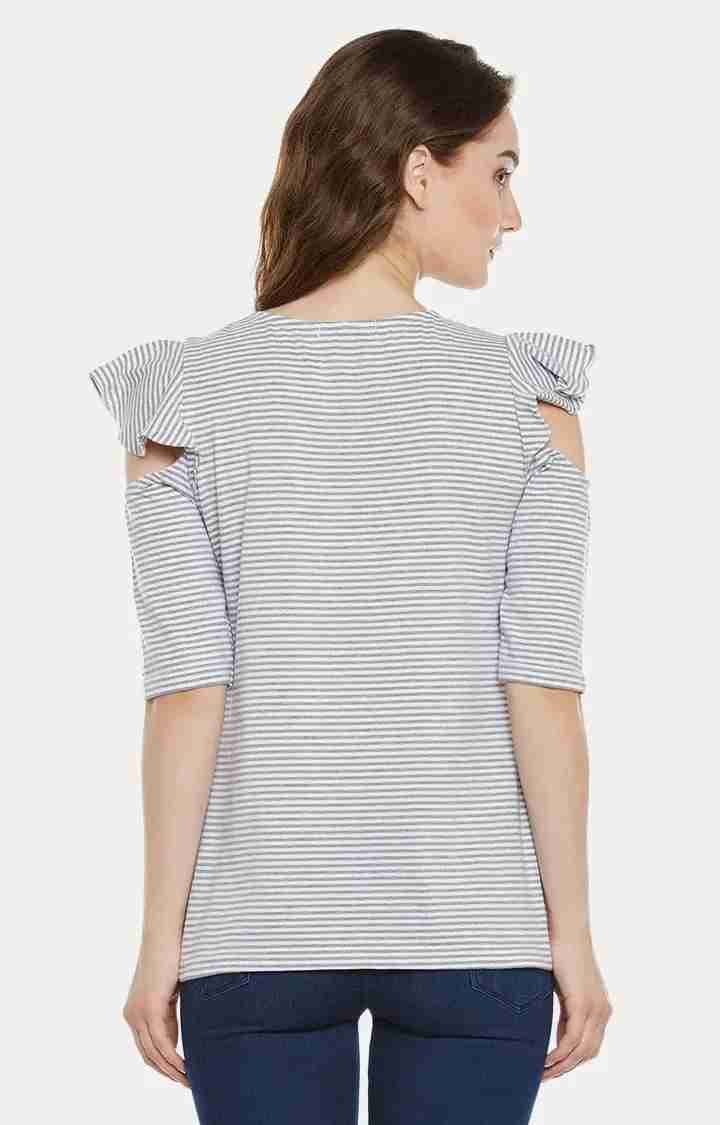 Women's Grey Cotton StripedCasualwear Tops