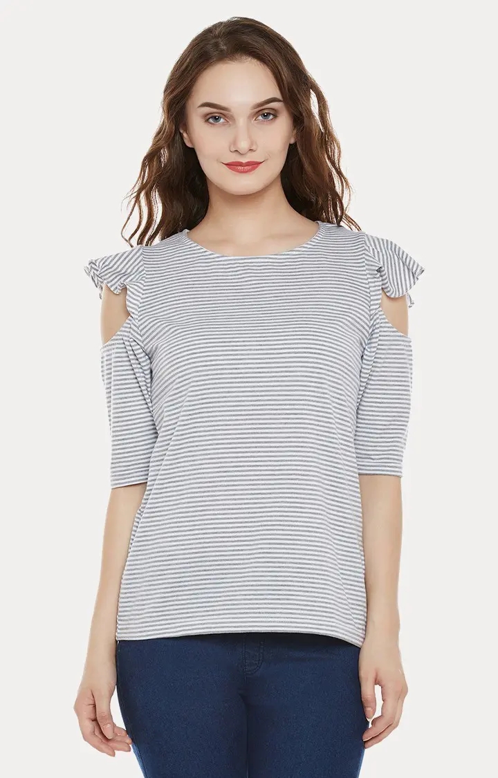 MISS CHASE | Women's Grey Cotton StripedCasualwear Tops