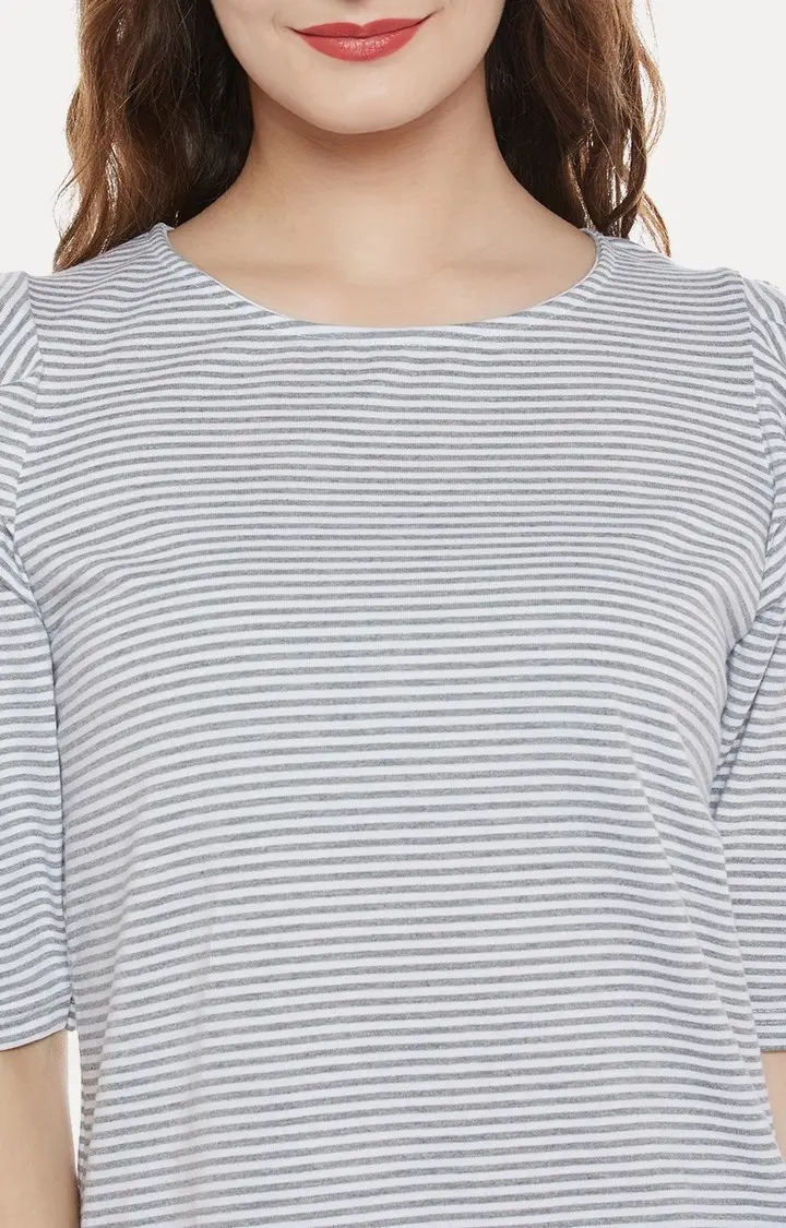 Women's Grey Cotton StripedCasualwear Tops
