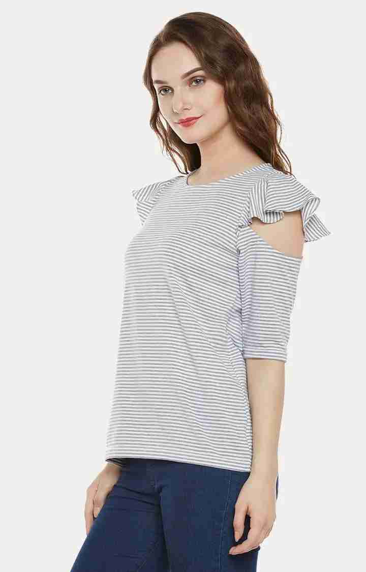 Women's Grey Cotton StripedCasualwear Tops