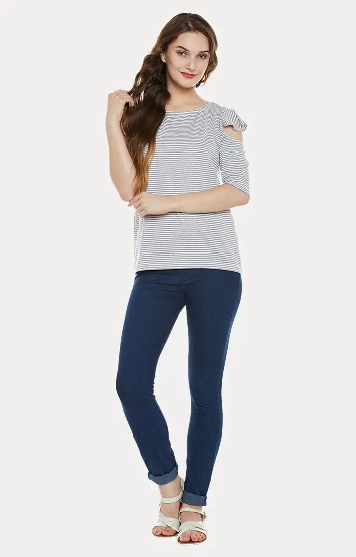 Women's Grey Cotton StripedCasualwear Tops